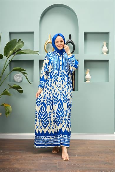 Geometric Patterned Long Dress - Blue