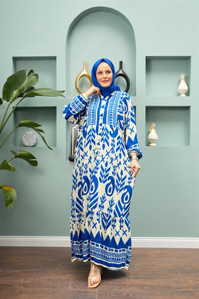 Geometric Patterned Long Dress - Blue