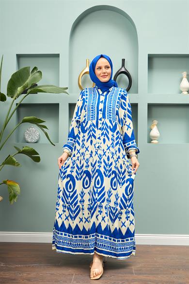 Geometric Patterned Long Dress - Blue