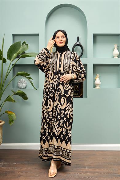 Geometric Patterned Long Dress - Black