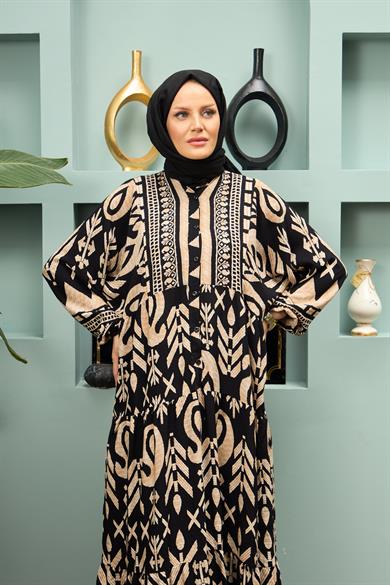 Geometric Patterned Long Dress - Black