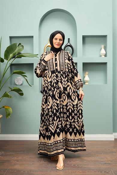 Geometric Patterned Long Dress - Black