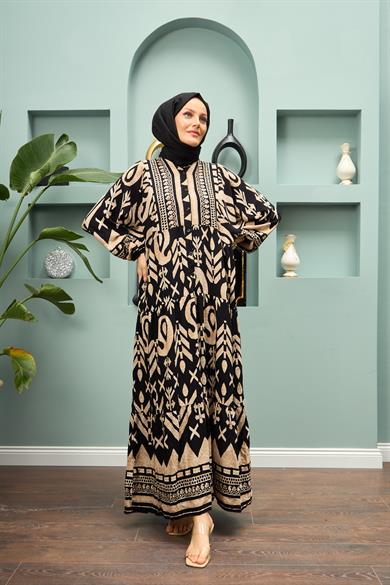 Geometric Patterned Long Dress - Black