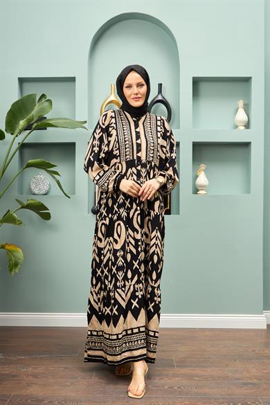 Geometric Patterned Long Dress - Black