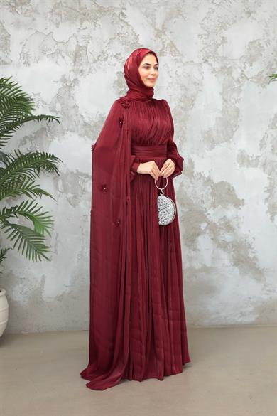 Göksel Çiçek Detay Işıltı Abiye - Bordo