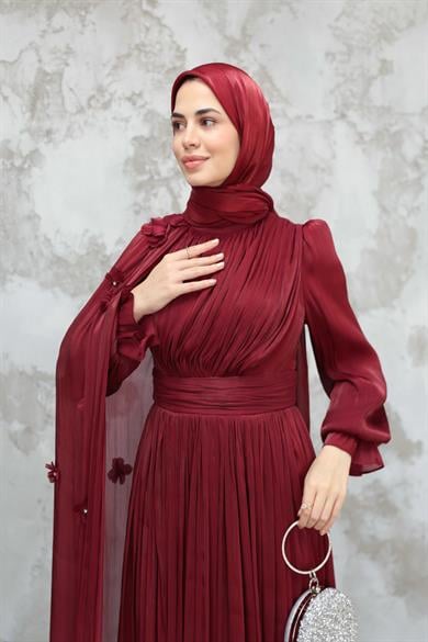 Göksel Çiçek Detay Işıltı Abiye - Bordo