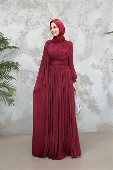 Göksel Çiçek Detay Işıltı Abiye - Bordo