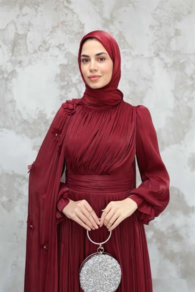 Göksel Çiçek Detay Işıltı Abiye - Bordo