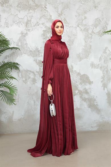 Göksel Çiçek Detay Işıltı Abiye - Bordo