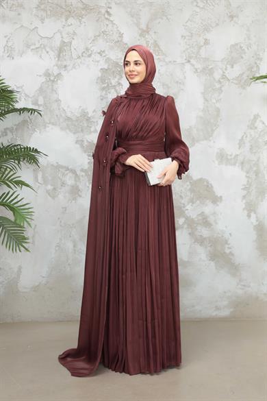 Göksel Çiçek Detay Işıltı Abiye - Kahverengi