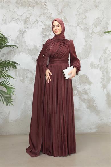 Göksel Çiçek Detay Işıltı Abiye - Kahverengi