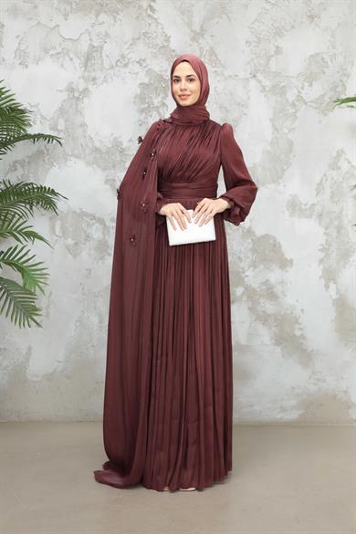 Göksel Çiçek Detay Işıltı Abiye - Kahverengi