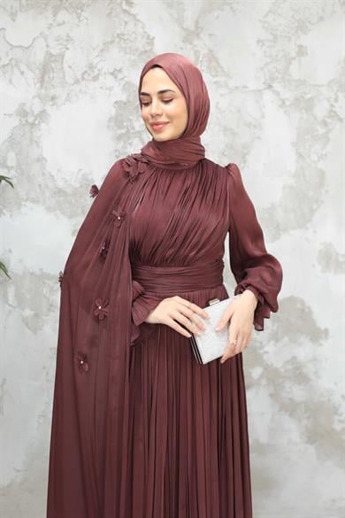 Göksel Çiçek Detay Işıltı Abiye - Kahverengi