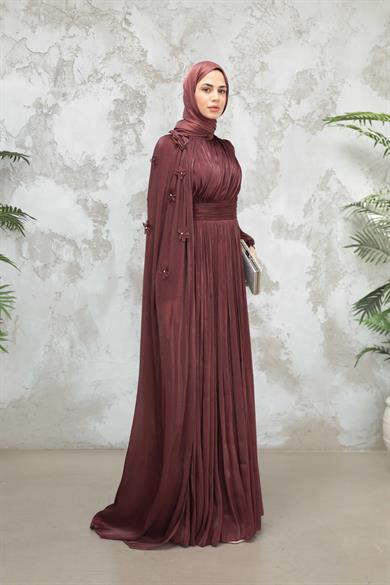 Göksel Çiçek Detay Işıltı Abiye - Kahverengi