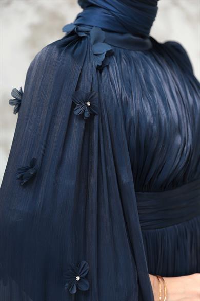 Göksel Çiçek Detay Işıltı Abiye - Lacivert