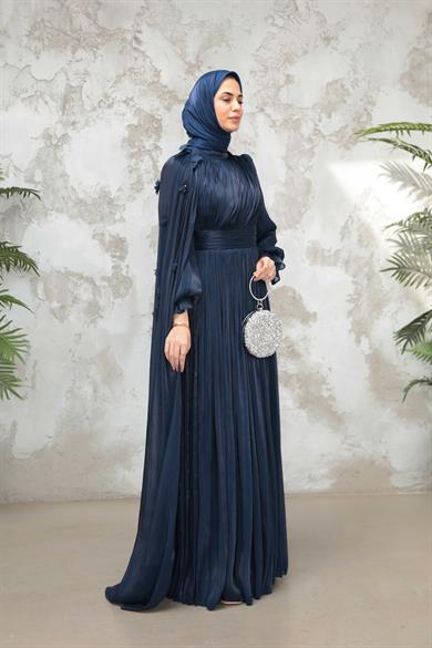 Göksel Çiçek Detay Işıltı Abiye - Lacivert