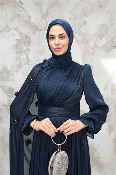 Göksel Çiçek Detay Işıltı Abiye - Lacivert