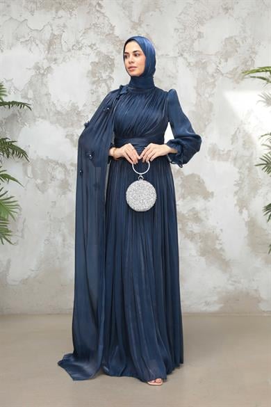 Göksel Çiçek Detay Işıltı Abiye - Lacivert