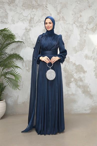 Göksel Çiçek Detay Işıltı Abiye - Lacivert