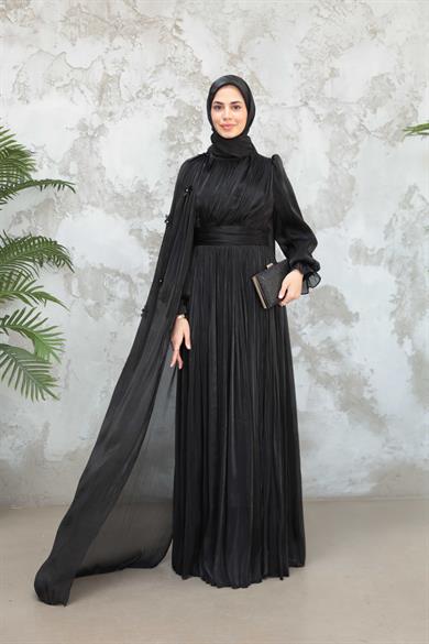 Göksel Çiçek Detay Işıltı Abiye - Siyah