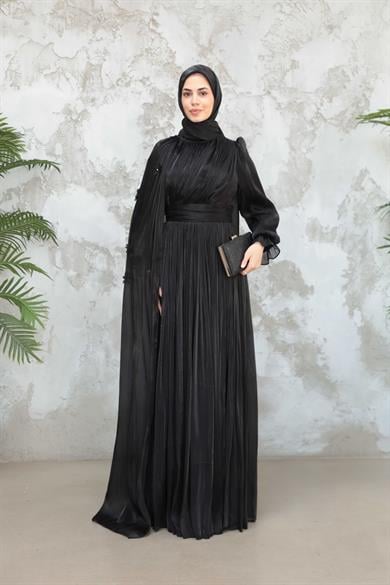 Göksel Çiçek Detay Işıltı Abiye - Siyah