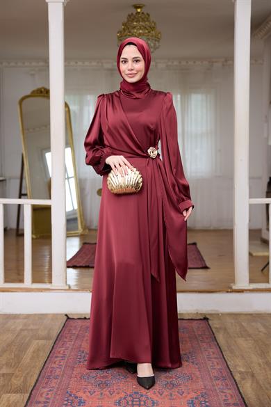 Gold Toka Detay Kobe Saten Abiye - Bordo