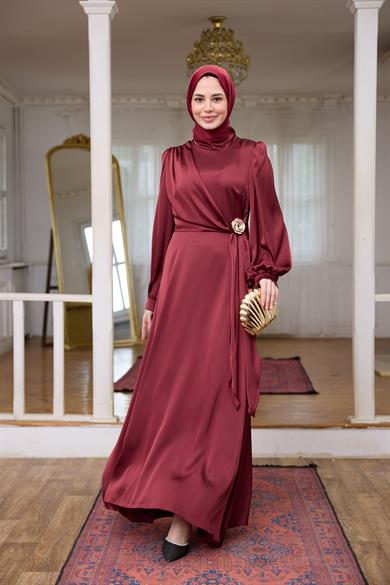 Gold Toka Detay Kobe Saten Abiye - Bordo