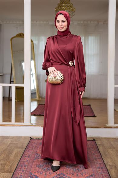 Gold Toka Detay Kobe Saten Abiye - Bordo