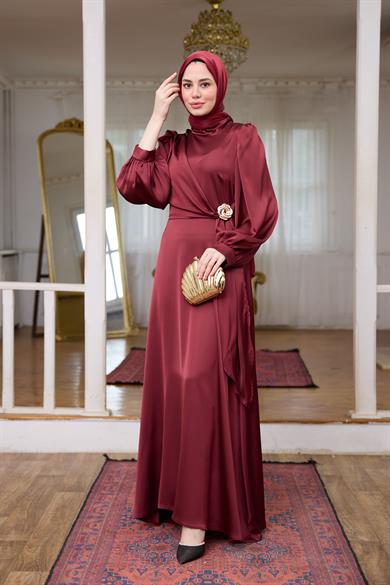 Gold Toka Detay Kobe Saten Abiye - Bordo