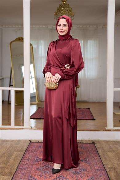 Gold Toka Detay Kobe Saten Abiye - Bordo