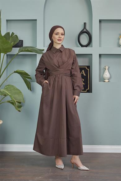 Shirt Collar Tie-Up Poplin Dress - Brown