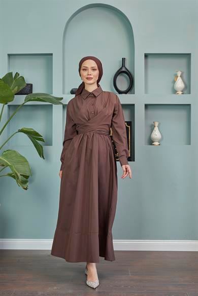 Shirt Collar Tie-Up Poplin Dress - Brown