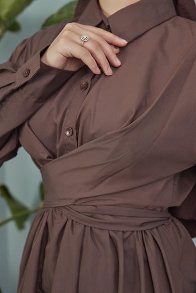 Shirt Collar Tie-Up Poplin Dress - Brown