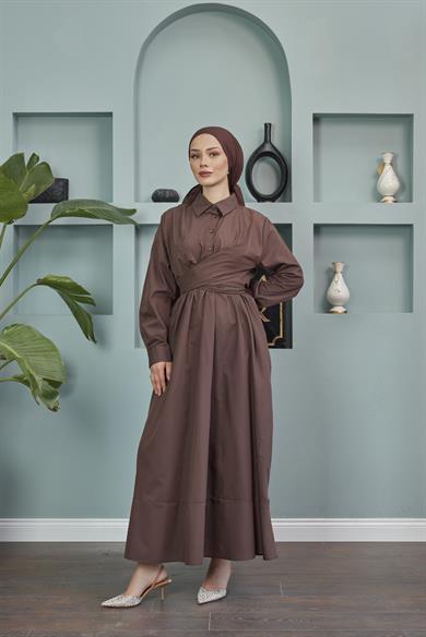 Shirt Collar Tie-Up Poplin Dress - Brown