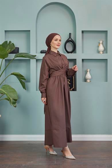 Shirt Collar Tie-Up Poplin Dress - Brown