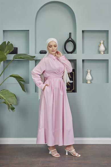 Shirt Collar Tie-Up Poplin Dress - Pink