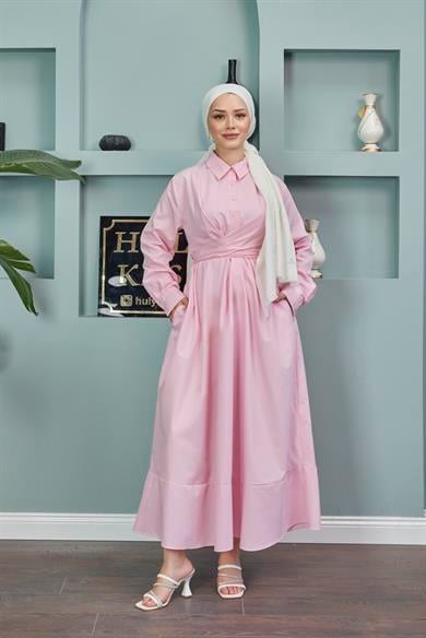 Shirt Collar Tie-Up Poplin Dress - Pink