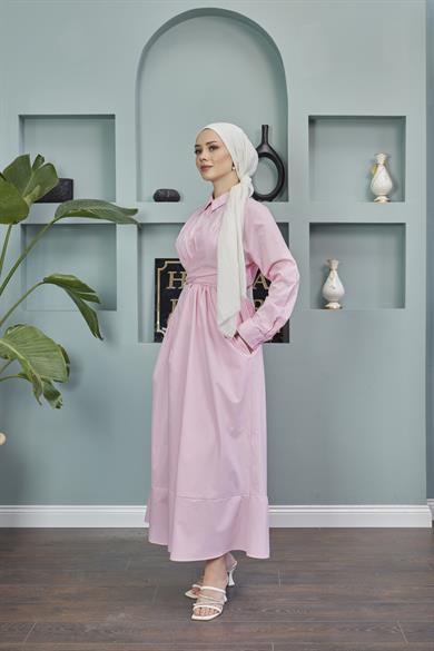 Shirt Collar Tie-Up Poplin Dress - Pink