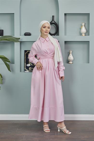 Shirt Collar Tie-Up Poplin Dress - Pink