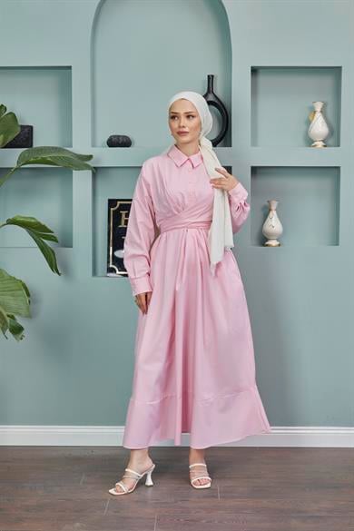 Shirt Collar Tie-Up Poplin Dress - Pink
