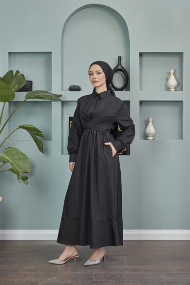 Gömlek Yaka Bağlamalı Poplin Elbise - Siyah