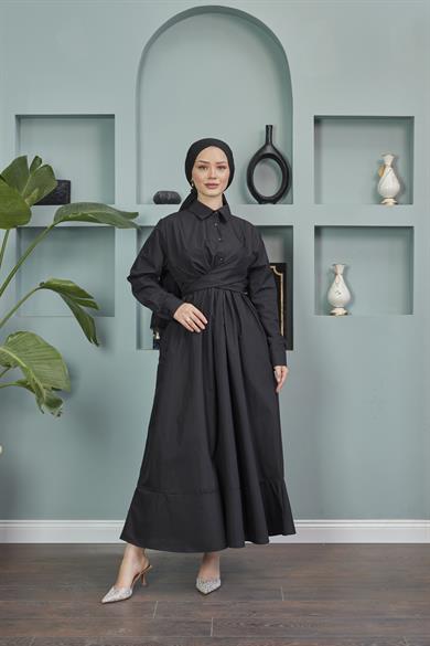 Gömlek Yaka Bağlamalı Poplin Elbise - Siyah