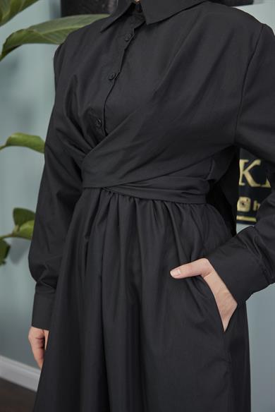 Gömlek Yaka Bağlamalı Poplin Elbise - Siyah