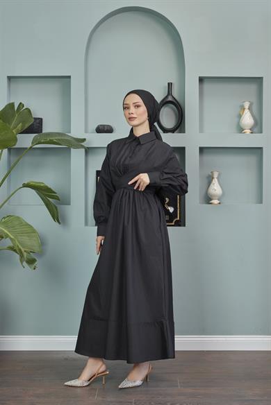 Gömlek Yaka Bağlamalı Poplin Elbise - Siyah