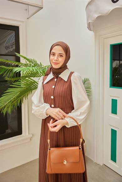 Shirt Collar Striped Waist Dress - Brown
