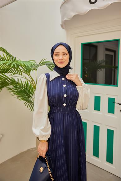 Shirt Collar Striped Waist Dress - Navy Blue