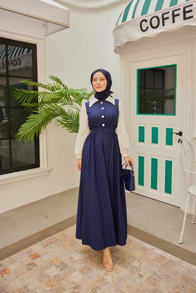 Shirt Collar Striped Waist Dress - Navy Blue