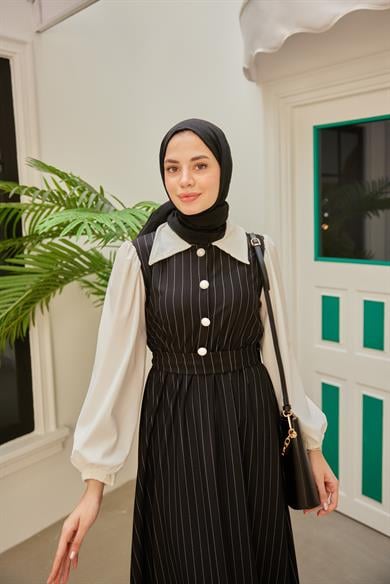 Shirt Collar Striped Waist Dress - Black