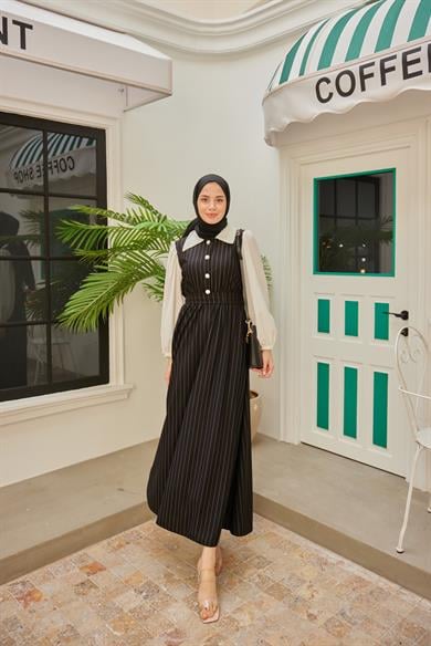 Shirt Collar Striped Waist Dress - Black