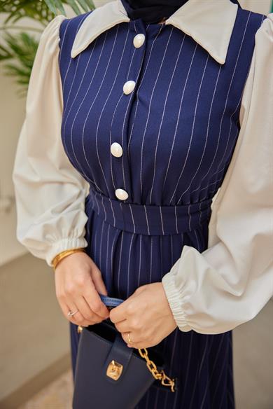 Shirt Collar Striped Waist Dress - Navy Blue